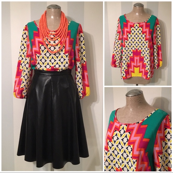 Tops - Colorful Geometric Pattern Blouse